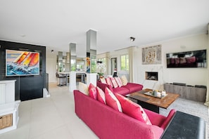 Smart TV, fireplace, video games, DVD player