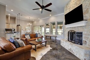 Smart TV, fireplace, books