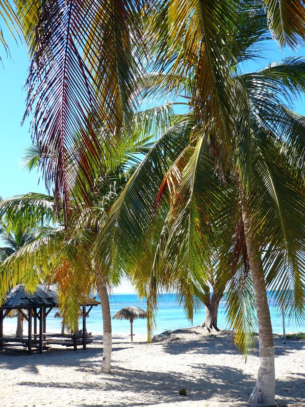 On the beach, sun-loungers, beach towels
