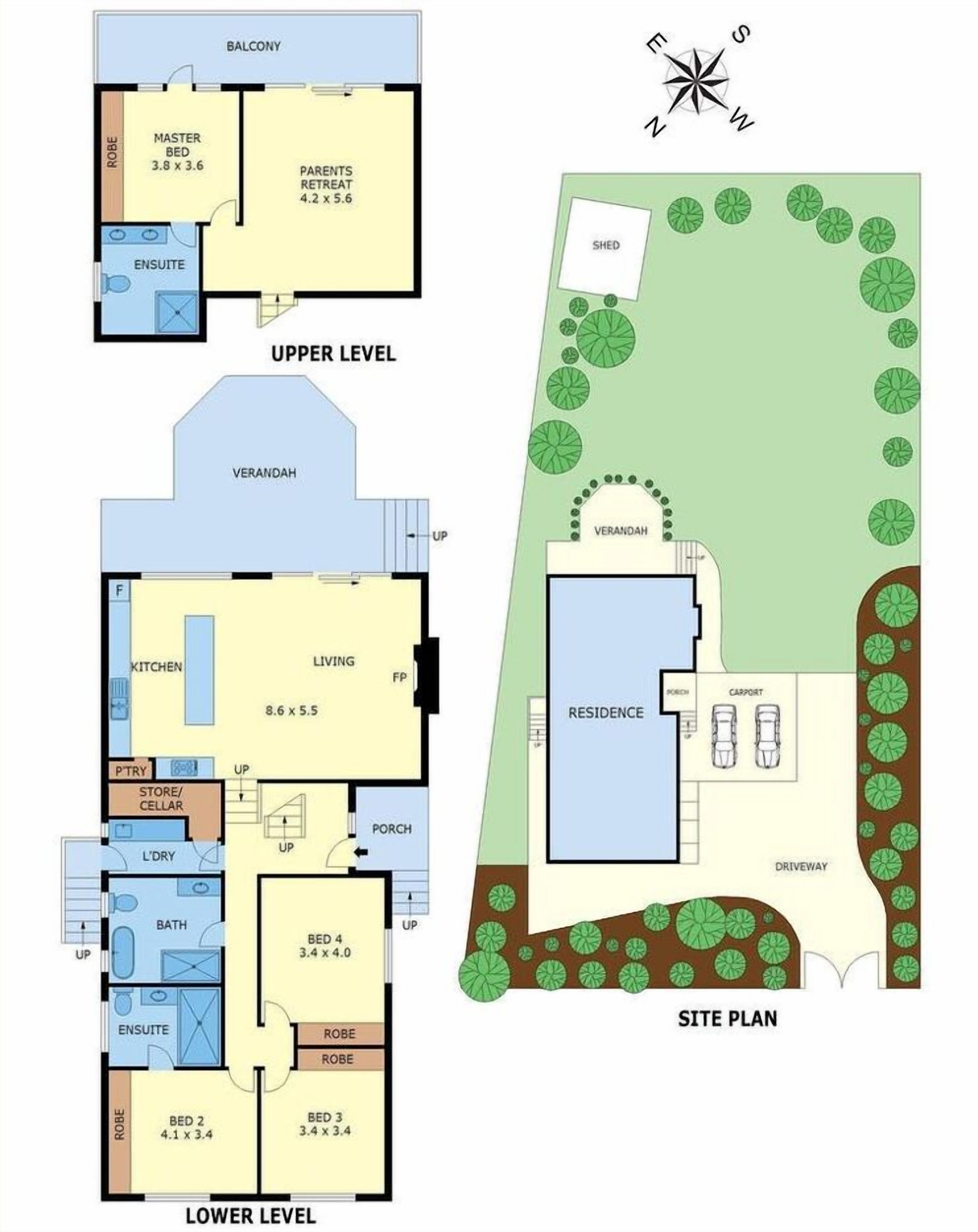 A site plan of a residential building with a lower level including a kitchen, living room, bedrooms, bathroom, and a balcony. The upper level has a master bedroom, parents' retreat, and an ensuite bathroom.