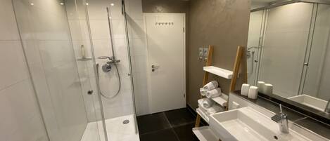 Shower, hair dryer, towels
