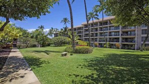 A hotel courtyard with a well-maintained lawn, palm trees, and a multi-story building with balconies. - KIHEI AKAHI CONDO STEPS FROM BEACH/GARDEN & PEEKABOO OCEAN VIEW/POOL-HOTEL ZONED (Kihei)