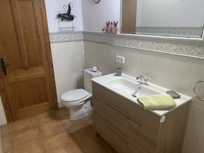 Combined shower/bathtub, hair dryer, bidet, towels