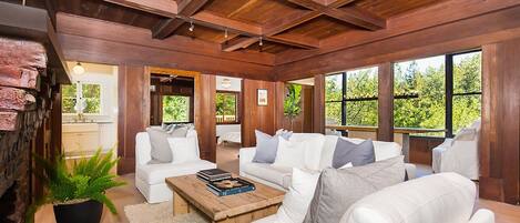 Smart-TV, Kamin, Bücher, Stereoanlage