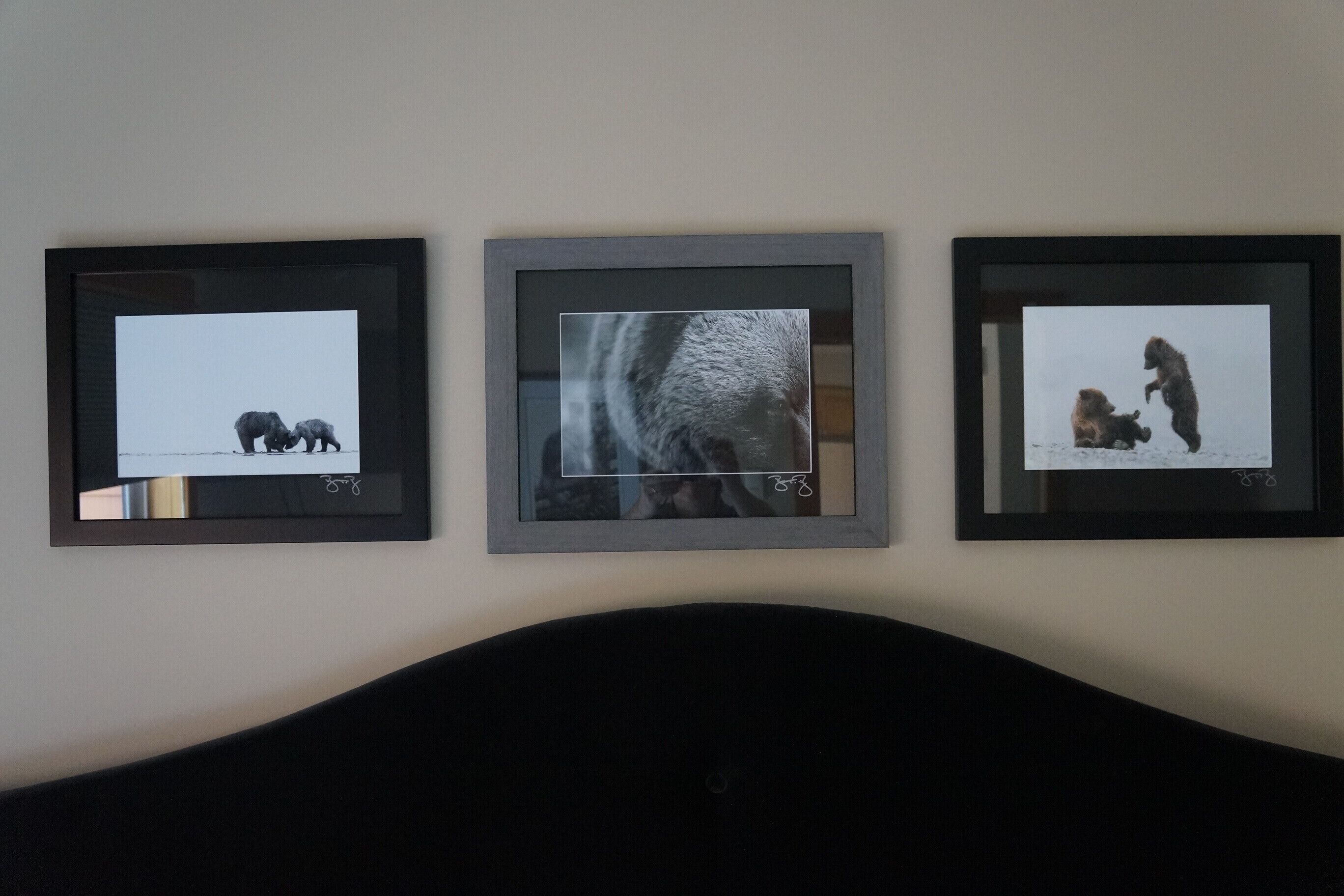 Drie ingekaderde foto's aan een muur.