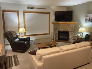 Smart TV, fireplace, DVD player, books