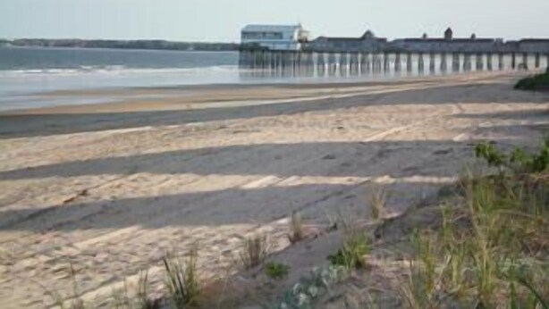 Una playa con un muelle que se adentra en el agua, un edificio al final del muelle y una orilla arenosa con vegetación escasa.