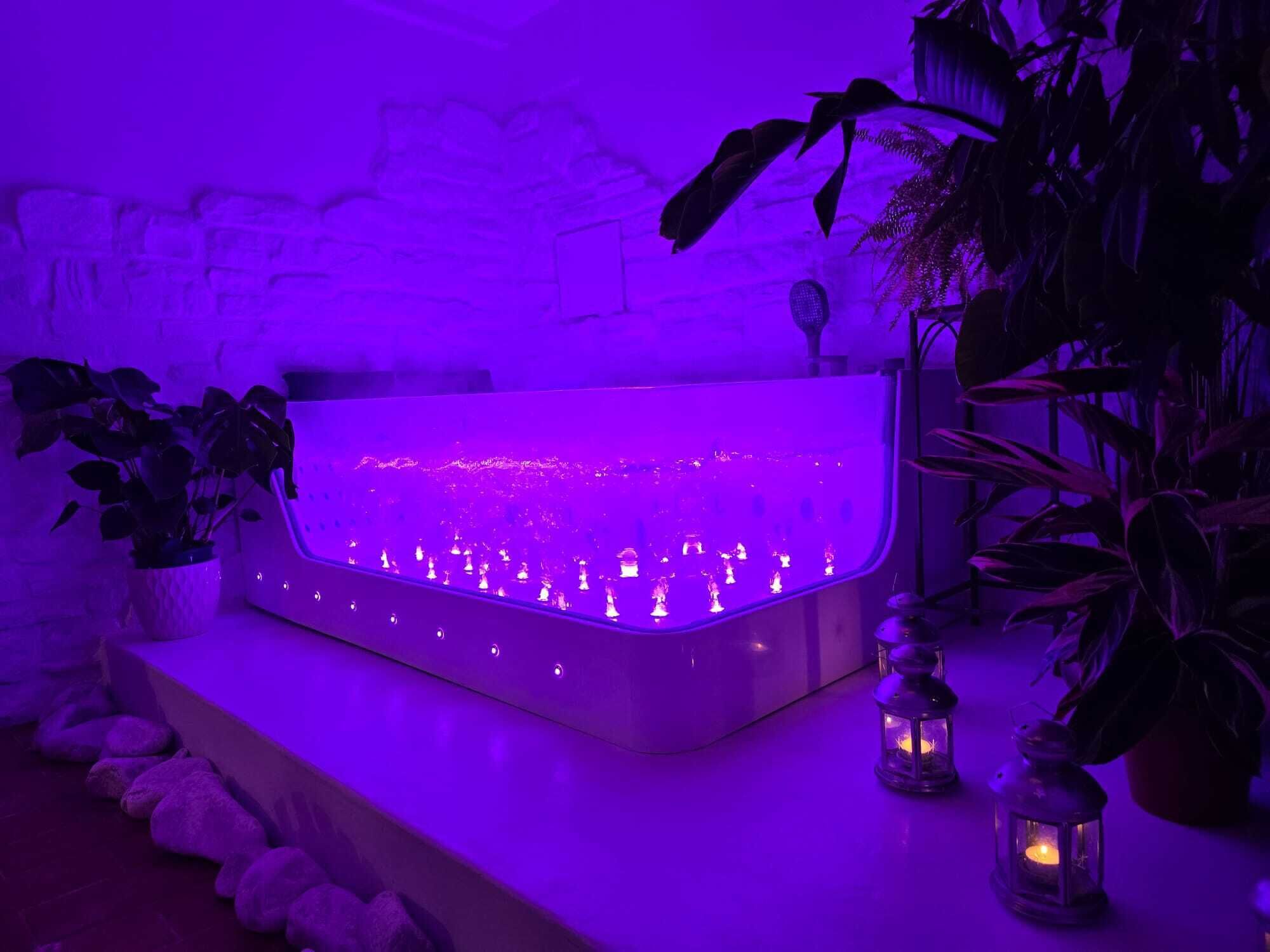 Una habitación con una gran fuente iluminada en el centro, rodeada de plantas en macetas y dos faroles.