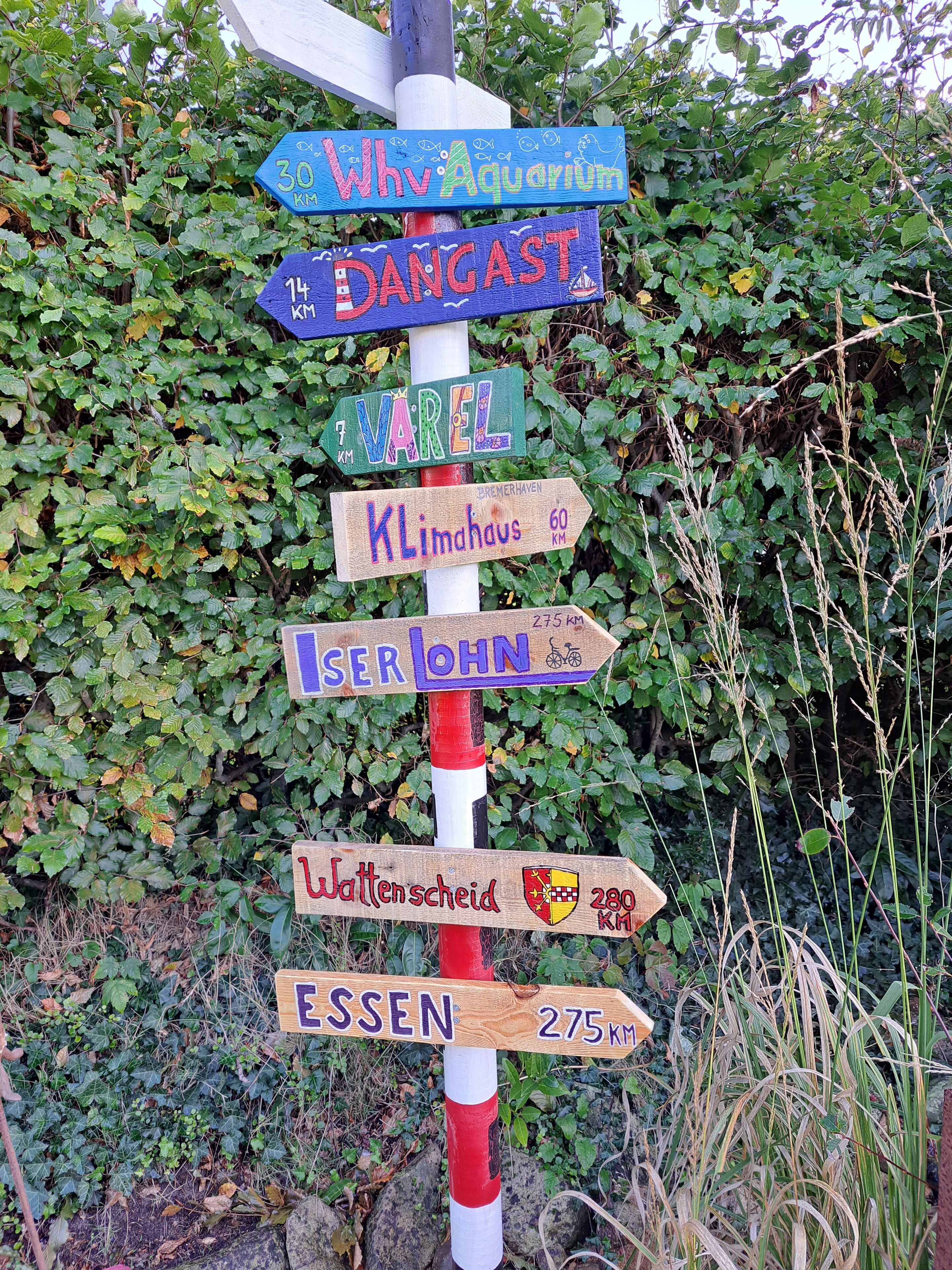 Ein Wegweiser mit mehreren Pfeilen, die in verschiedene Richtungen zeigen, wobei jede Richtung mit einer Entfernung in Kilometern angegeben ist.