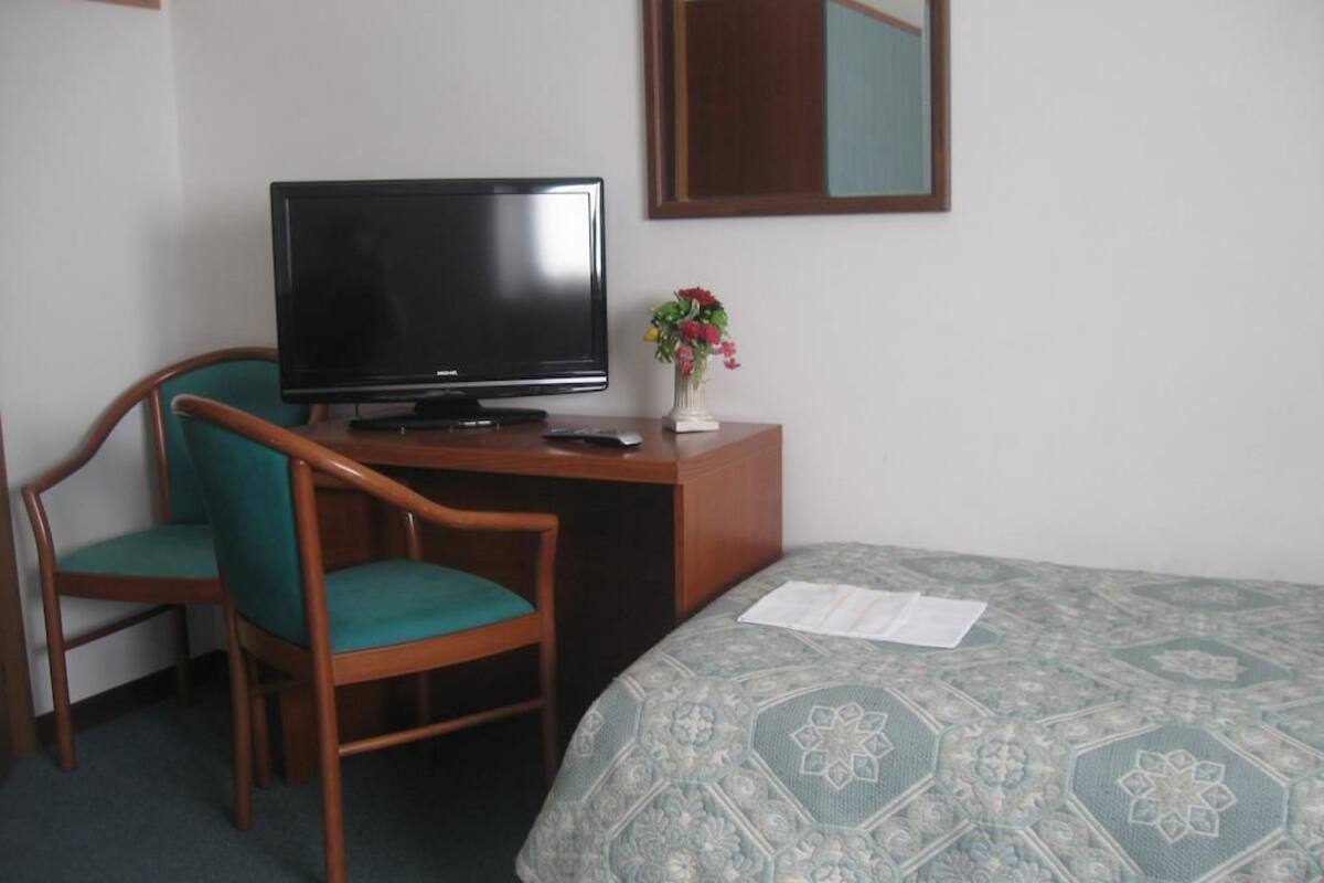 A room with a bed, a desk with a television, a chair, and a mirror.