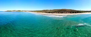 A beach with clear turquoise water, sandy shore, and a hilly landscape in the background. - Torodes - pet friendly and moments from the sand (Catherine Hill Bay)