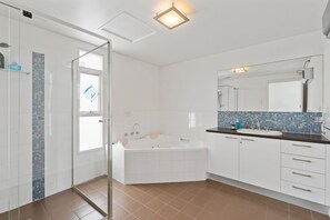 Shower, hair dryer, soap, shampoo