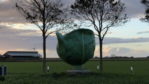 A large green sculpture in a grassy field with trees and a wind turbine in the background. - Renovated vacation home "Alter Schwede" in Scandinavian style / North Sea (Kaiser-Wilhelm-Koog)