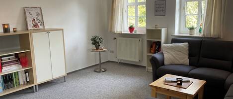 Una sala de estar acogedora con sofá, mesa de centro, estantería, radiador y ventana con cortinas.