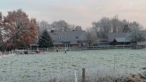A rural landscape with a fenced field, a wooden fence, and a building with a tiled roof. - Idyllically situated. 90m2 apartment for families + travelers up to 5 persons + garden + terrace near the North Sea 🐟 (Marienhafen)