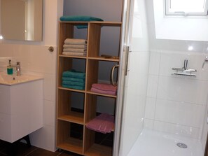 Shower, hair dryer, towels, soap