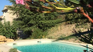 A clear swimming pool surrounded by greenery and a stone wall.