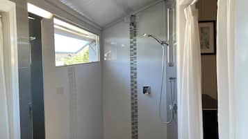 Combined shower/bathtub, hair dryer, towels, soap