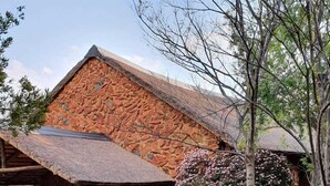 A stone building with a thatched roof, a paved pathway, and surrounding greenery.