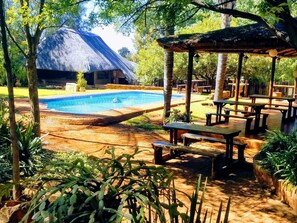 Zona de piscina con un edificio de techo de paja, mesas de picnic de madera y vegetación circundante.