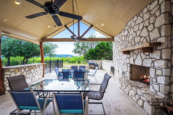 Outdoor dining - 1-story home with pool, huge outdoor gathering space, less than 5-minute drive to THE Frio River (Concan)