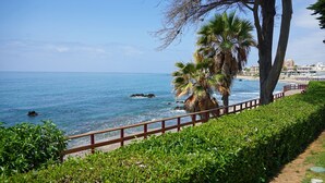 A coastal walkway with a wooden railing, palm trees, and a view of the ocean. - Beachfront apartment with amazing views & newly renovated with WiFi and int. TVs (Mijas)
