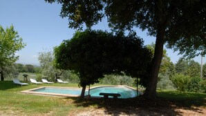 Ein Schwimmbecken mit einer Sitzbank, umgeben von Bäumen und Gras.