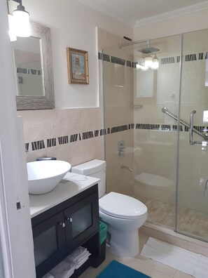 Ducha, secador de pelo, toallas, jabón