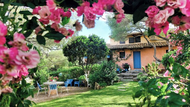 A rustic house with a blue door, surrounded by lush greenery and pink flowers. - Garden Villa near Costa Smeralda (Olbia)