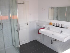Shower, hair dryer, towels, soap