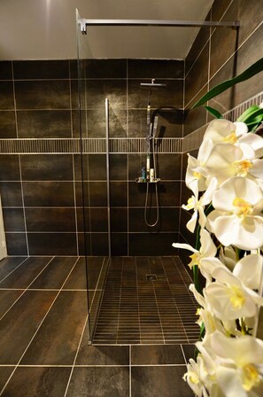 Dusche, Haartrockner, Handtücher, Toilettenpapier