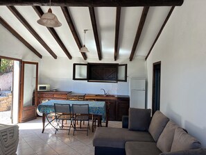 A compact kitchen with a dining area, a sofa, and a television.
