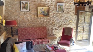 A cozy living room with a stone wall, a red sofa, a black armchair, and a coffee table with books and a decorative bowl.