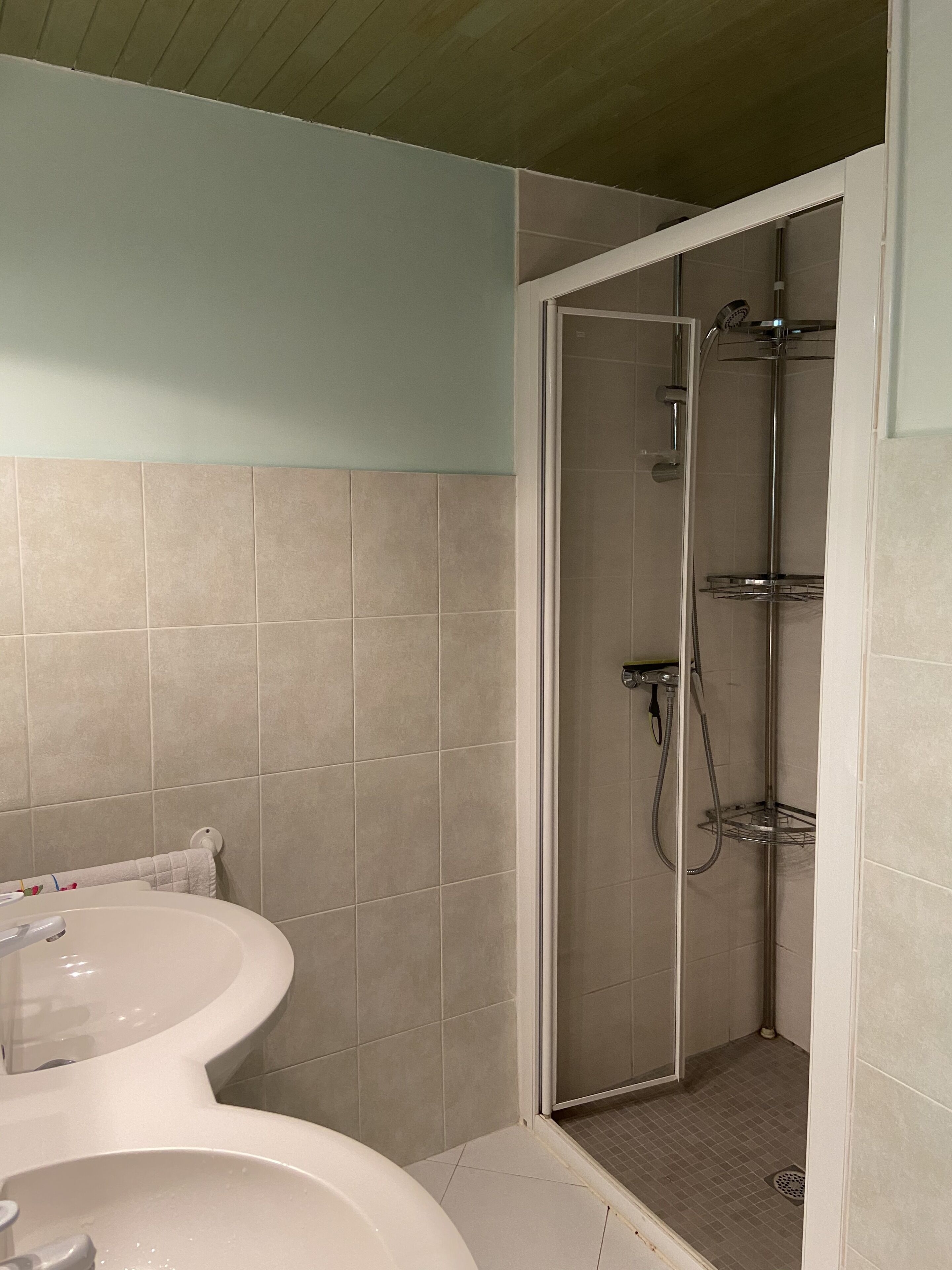 A bathroom with a shower, a sink, and tiled walls.