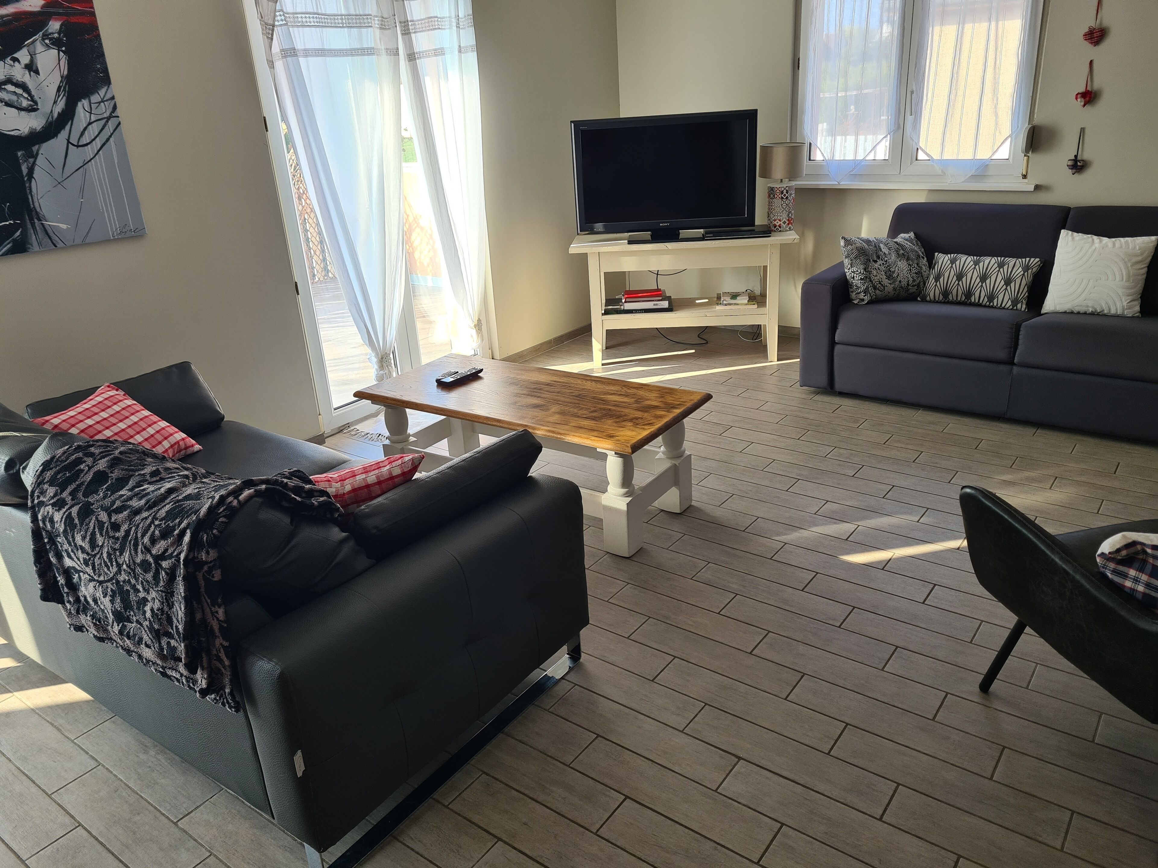 Télévision, lecteur de DVD, baby-foot, livres