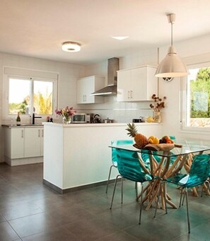 Fridge, microwave, oven, stovetop - Modern, spacious, private, views of olive groves and sunset from pool house (Binibequer)