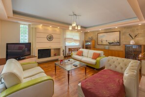 Una Smart TV, una chimenea, un reproductor de DVD