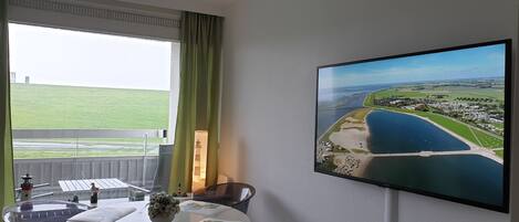 Habitación de hotel con un ventanal grande, una mesa con un jarrón de flores, una silla y un televisor de pantalla plana mostrando una vista aérea de la costa.