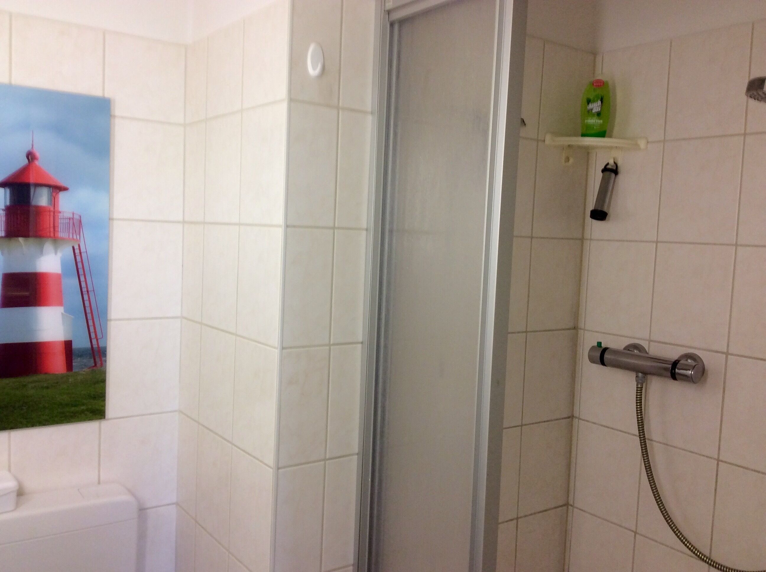 Une salle de bain carrelée de blanc, avec une douche équipée d’un pommeau de douche amovible, des toilettes et une étagère sur laquelle se trouve une bouteille.