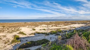A coastal landscape with dunes, vegetation, and a wooden bridge leading to the beach.