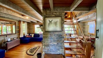 Smart TV, fireplace, books, stereo