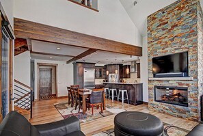 Smart TV, fireplace, DVD player, books