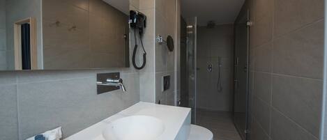 A modern bathroom with a large sink, a toilet, and a shower area.