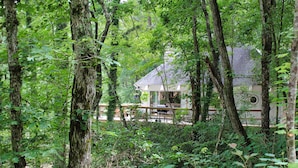 Eine einsame Hütte, umgeben von dichtem Wald.