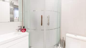 Hair dryer, towels, shampoo, toilet paper