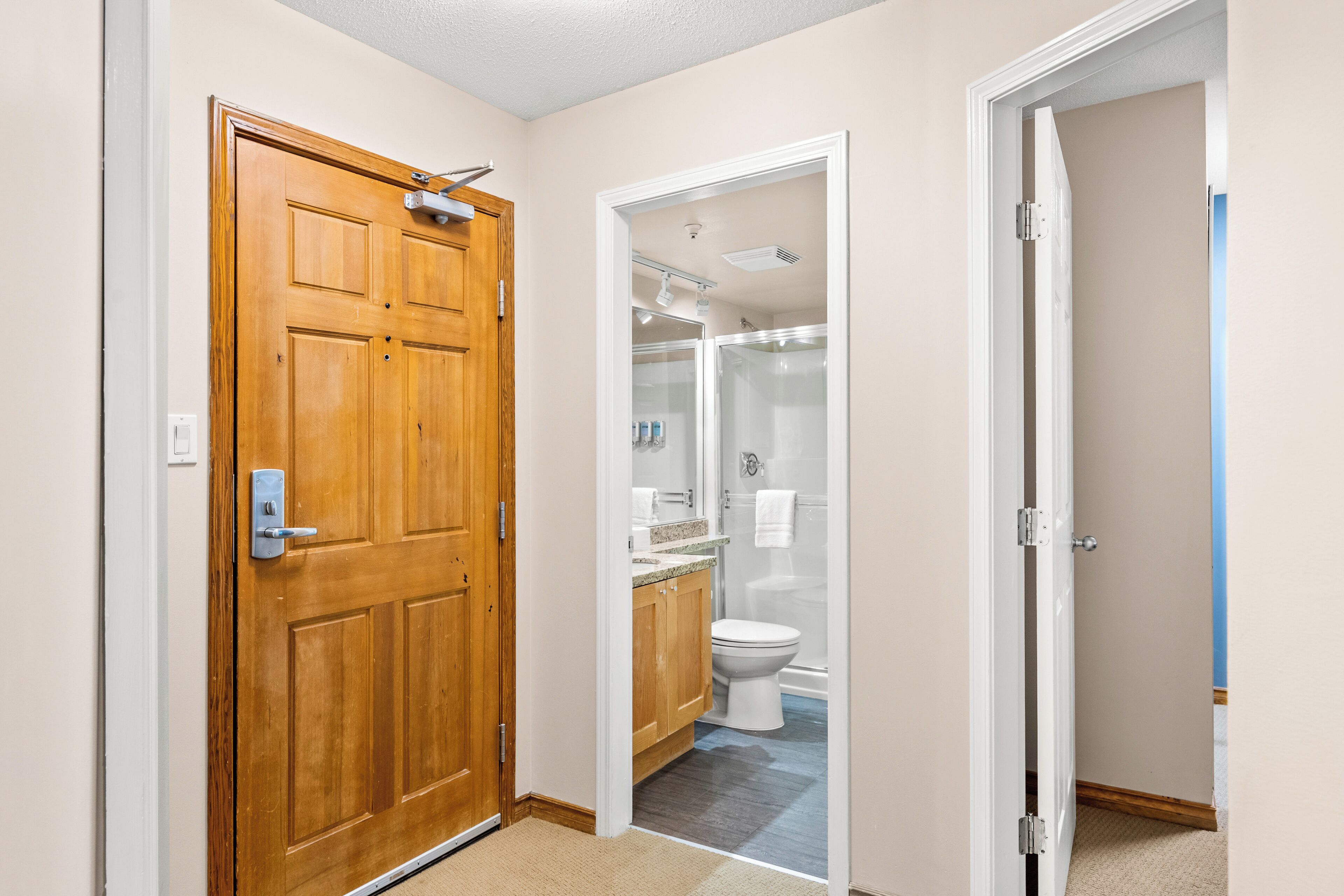 A hallway leading to a bathroom with a wooden door, a white toilet, and a shower area.
