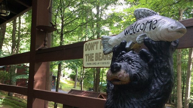 A bear sculpture with a fish on its head and a 'Welcome' sign. -  Pet friendly , Motorcycle parking  Hot tub. Close to everything (Maggie Valley)