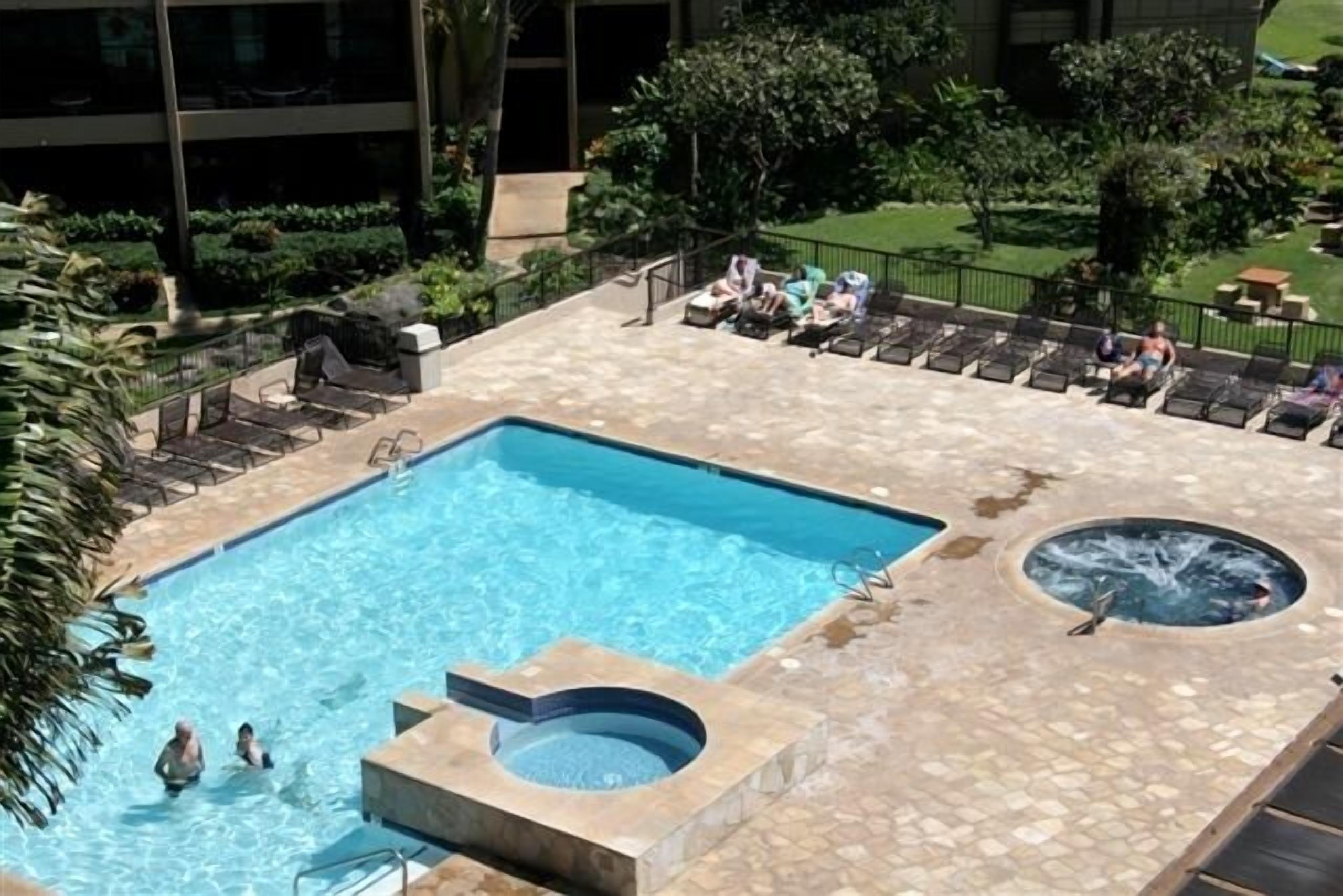 En pool på taket med ett bubbelbad, solstolar och utsikt över den omgivande grönskan.