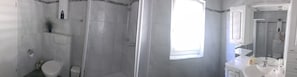Shower, hair dryer, soap, toilet paper