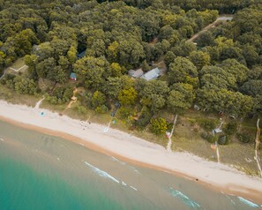 On the beach, sun-loungers, beach towels